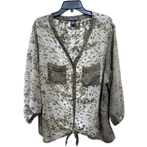 Metro 22 Blouse Plus 3X Sheer Button Up Tie Front Long Sleeve Top Pockets